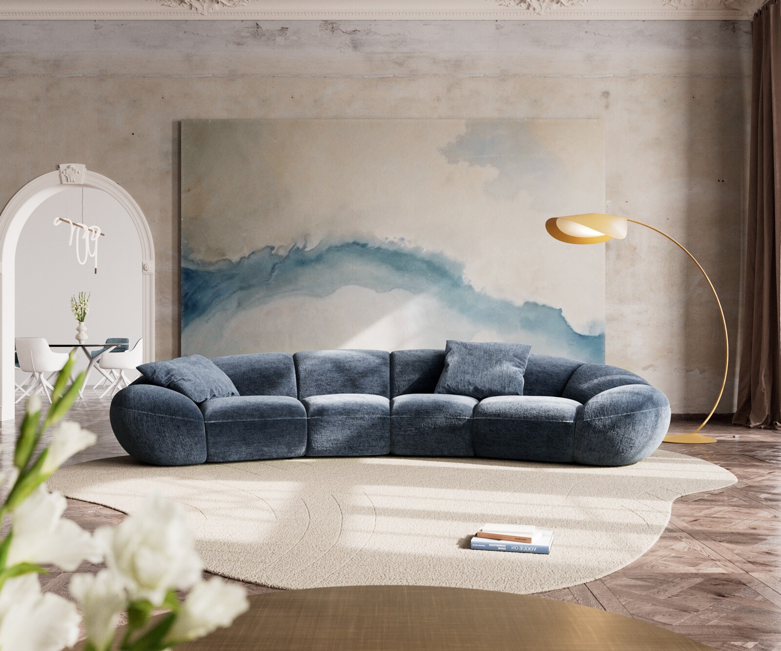 Sofa Lunna 360x175 cm szenil niebieski 2 poduszki 1