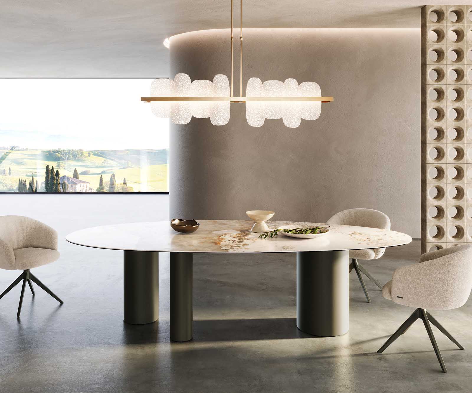 Stół do jadalni Edge owalny 280x130cm ceramika Minas Melange biało-beżowy rama Troa metal kolor tytanowy 1