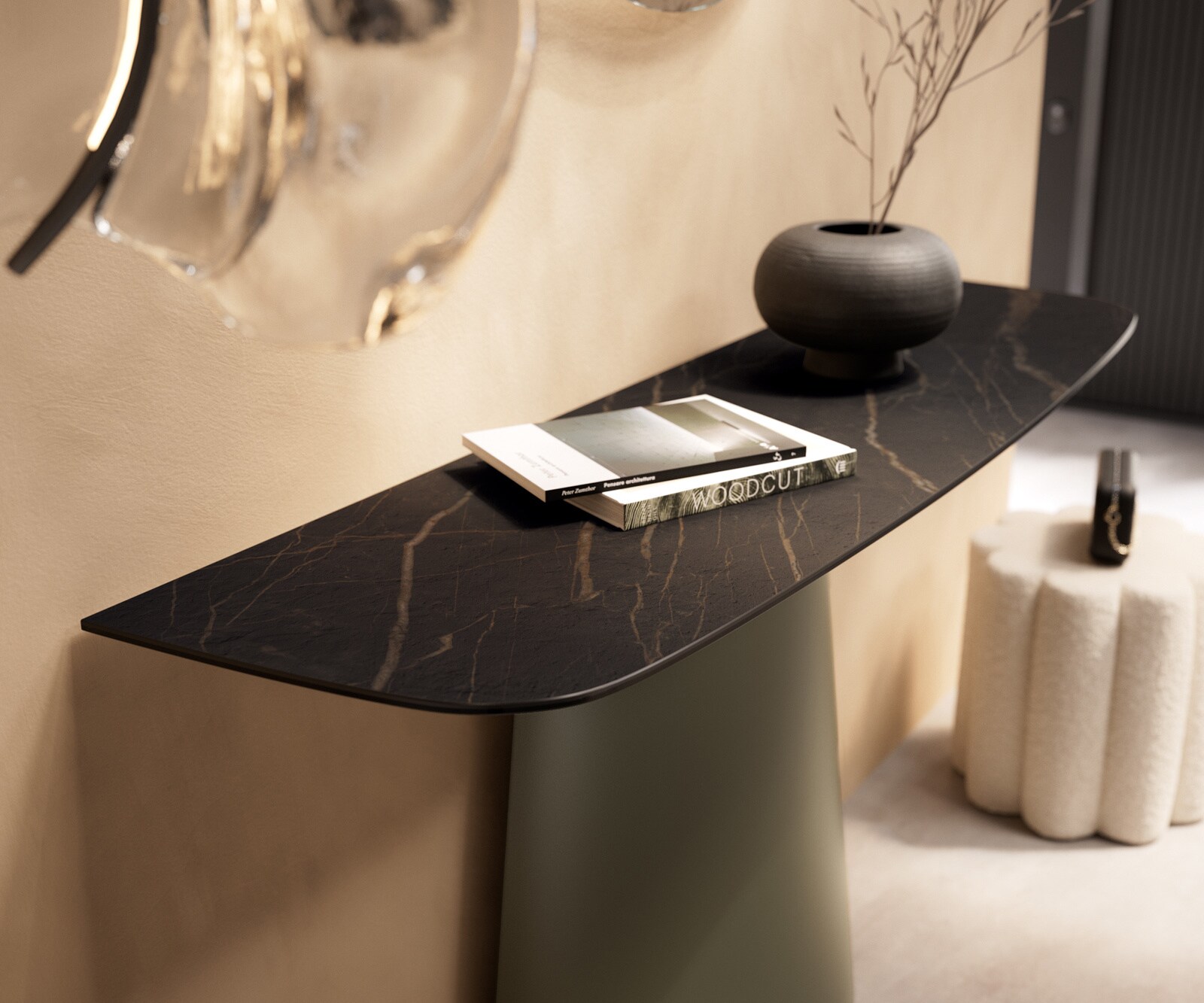 Konsola Edge w kształcie beczki 140x40 cm ceramika Laminam® Noir Desir brązowa rama Conos metal w kolorze tytanu 6
