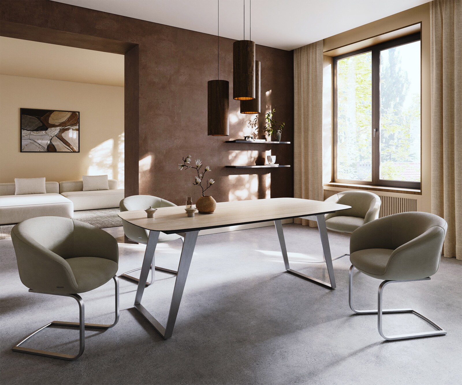 Stół do jadalni Edge w kształcie beczki 200x100cm ceramika Laminam® Travertino Bianco kremowo-biały stal nierdzewna rama pochylona 6
