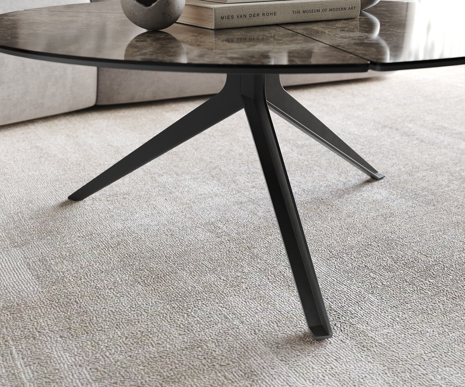 Stolik kawowy Delron 90x90cm ceramika Emperador Extra Lucidato ciemnobrązowy podstawa krzyżowa płaska metal czarny 5