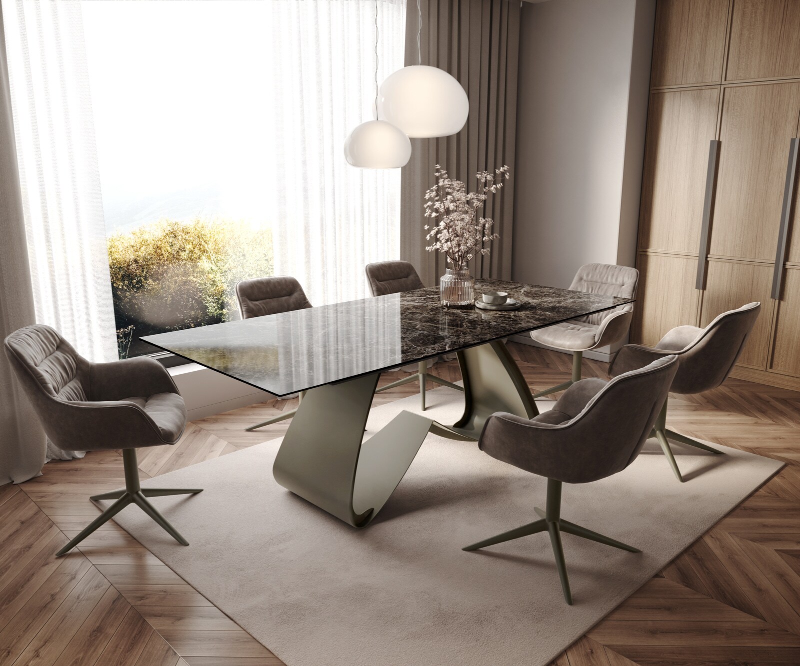 Stół do jadalni Edge 180-220x100cm ceramika Laminam® Emperador Extra Lucidato ciemnobrązowy rama W kolor tytanowy rozkładany 6