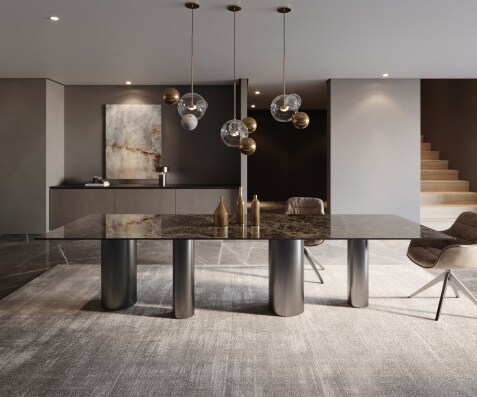 Stół do jadalni Edge 300x100cm ceramika Emperador Extra Lucidato ciemnobrązowa rama Pilier stal nierdzewna kolor grafitowy