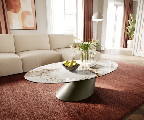 Stolik kawowy Edge owalny 140x80 cm ceramika Minas Melange Conis wykończenie tytanowe