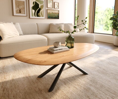 Stolik kawowy Edge owalny 140x75 cm dąb naturalny zaokrąglona krawędź podstawa Sarity metal czarny