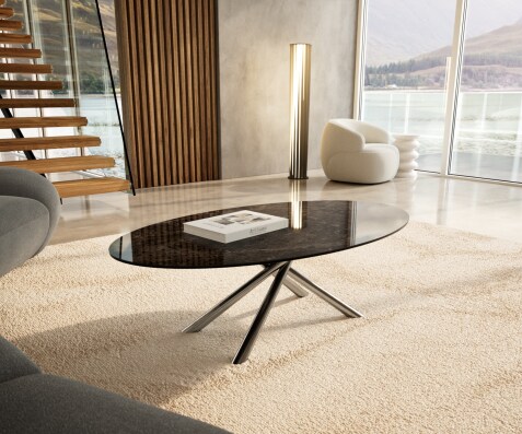 Stolik kawowy Edge owalny 140x80 cm ceramika Laminam® Emperador Extra Lucidato ciemnobrązowa podstawa Sarity stal nierdzewna szczotkowana
