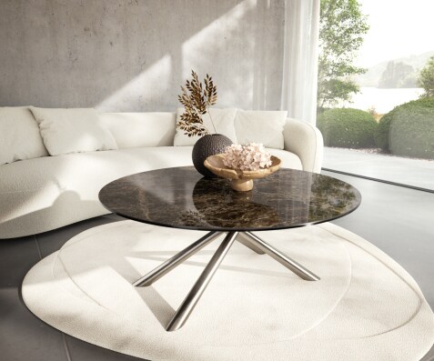 Stolik kawowy Edge okrągły 100x100 cm ceramika Laminam® Emperador Extra Lucidato ciemnobrązowa podstawa Sarity stal nierdzewna szczotkowana