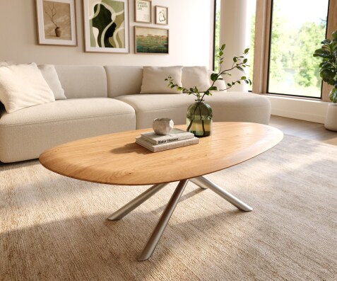 Stolik kawowy Edge owalny 140x75 cm dąb naturalny zaokrąglona krawędź podstawa Sarity stal nierdzewna szczotkowana