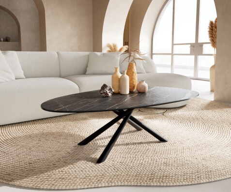 Stolik kawowy Edge owalny 140x75 cm ceramika Laminam® Noir Desir brązowa podstawa Sarity metal czarny