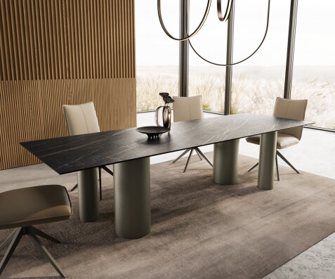 Stół do jadalni Edge 300x100cm ceramika Laminam® Noir Desir brązowa rama Pilier metal kolor tytanowy