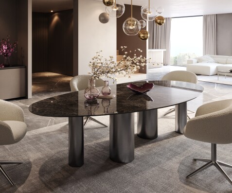 Stół do jadalni Edge owalny 280x130cm ceramika Emperador Extra Lucidato ciemnobrązowa rama Pilier stal nierdzewna kolor grafitowy