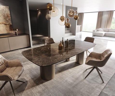 Stół do jadalni Edge kształt beczki 240x120cm ceramika Emperador Extra Lucidato ciemnobrązowa rama Troa metal kolor tytanowy