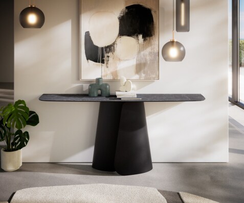 Konsola Edge w kształcie beczki 180x40 cm Laminam® Nero Greco antracytowa podstawa Livos metal czarny