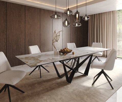 Stół do jadalni Edge 200-300x100 cm ceramika Minas Melange biało-beżowa rama Spider metal czarny rozkładany