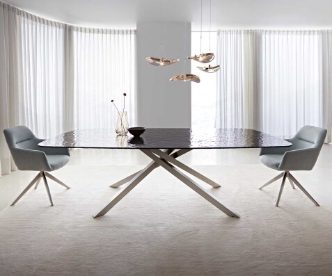 Stół do jadalni Edge kształt beczki 240x120cm szkło reliefowe czarne efekt 3D rama Cross stal nierdzewna
