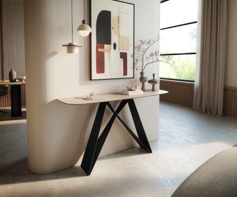 Konsola Edge w kształcie beczki 140x40 cm ceramika Laminam® Travertino Bianco kremowo-biały podstawa Velio metal czarny