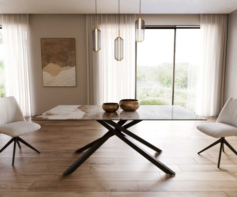 Stół do jadalni Edge 200x100 cm ceramika Minas Melange biało-beżowa rama Cross czarna