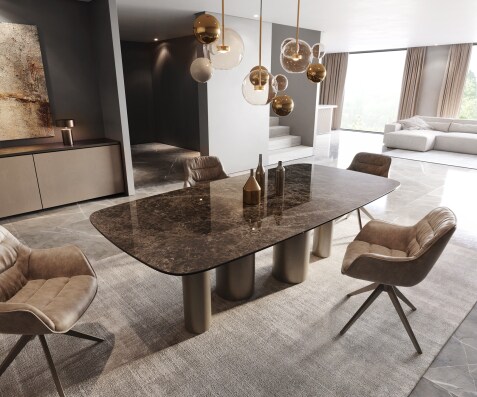 Stół do jadalni Edge kształt beczki 240x120cm ceramika Emperador Extra Lucidato ciemnobrązowa rama Pilier metal kolor tytanowy
