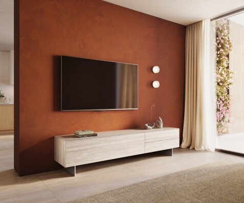 Szafka RTV Cuor 220 cm ceramika Laminam® Travertino Bianco kremowo-biała 1 klapa 2 szuflady nóżki wąskie stal nierdzewna