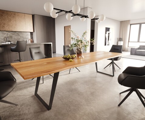 Stół do jadalni Edge 300x100x4cm dąb naturalny rama pochylona metal czarny live-edge