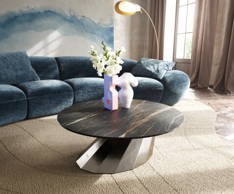 Stolik kawowy Edge okrągły 90x90 cm ceramika Laminam® Noir Desir brązowa podstawa Parabi stal nierdzewna szczotkowana
