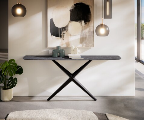 Konsola Edge w kształcie beczki 180x40 cm Laminam® Nero Greco antracytowa rama Estelo metal czarny